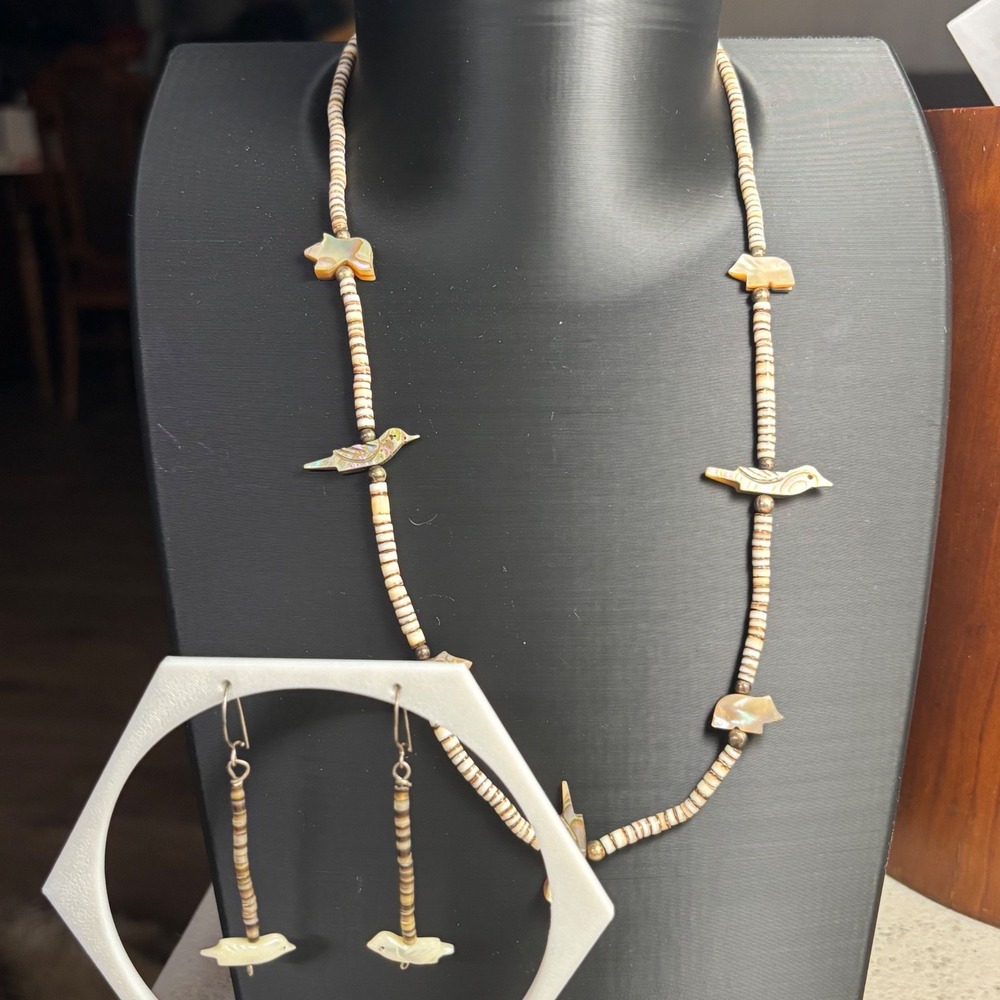 Vtg Zuni Mother of Pearl Fetish Necklace Earrings Set Sterling Cones Heishi 20"